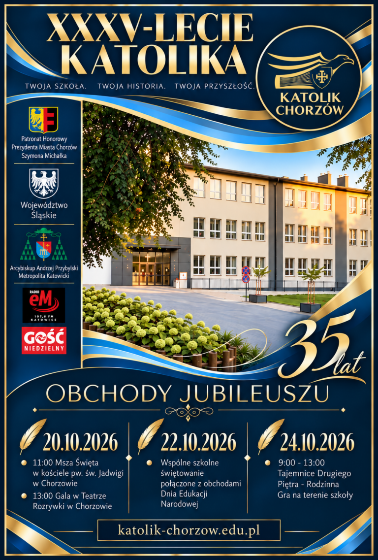 Oto propozycja tekstu alternatywnego (alt) zgodnego ze standardem WCAG 2.1, podzielona na wersję zwięzłą (idealną do atrybutu alt) oraz wersję rozszerzoną (dla opisów o wysokiej dostępności):Zwięzły tekst alternatywny (do wstawienia w kodzie HTML w alt="")Plakat informujący o obchodach 35-lecia szkoły Katolik Chorzów w dniach 20–24 października 2026 r. Na plakacie widnieje zdjęcie budynku szkoły, program jubileuszu oraz logotypy patronów i mediów. Pełny program znajduje się w opisie poniżej.Pełna treść plakatu (do umieszczenia na stronie pod grafiką dla osób korzystających z czytników ekranu)Nagłówek:XXXV-Lecie Katolika: Twoja szkoła. Twoja historia. Twoja przyszłość. Katolik Chorzów – 35 lat Program obchodów jubileuszu:20.10.2026 r.:11:00 – Msza Święta w kościele pw. św. Jadwigi w Chorzowie 13:00 – Gala w Teatrze Rozrywki w Chorzowie 22.10.2026 r.:Wspólne szkolne świętowanie połączone z obchodami Dnia Edukacji Narodowej 24.10.2026 r.:9:00–13:00 – Tajemnice Drugiego Piętra – Rodzinna Gra na terenie szkoły Patronaty i media:Patronat Honorowy Prezydenta Miasta Chorzów Szymona Michałka Województwo Śląskie Arcybiskup Andrzej Przybylski Metropolita Katowicki Radio eM (107,6 FM Katowice), Gość Niedzielny Strona internetowa: katolik-chorzow.edu.pl