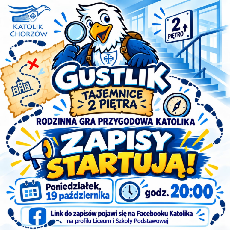 Plakat wydarzenia Gustlik: Tajemnice 2 Piętra – Rodzinna Gra Przygodowa Katolika. Zapisy startują w poniedziałek, 19 października o godz. 20:00. Link do zapisów na profilu Facebook Katolika.
